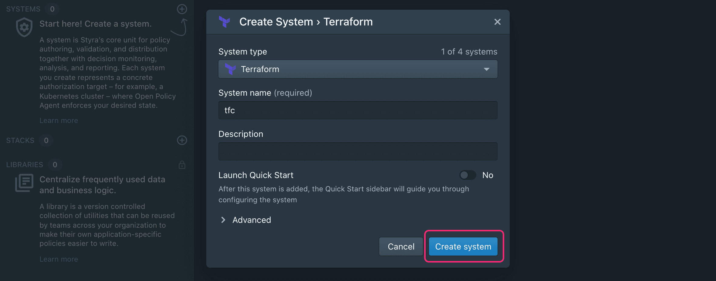 Create Terraform Styra DAS system